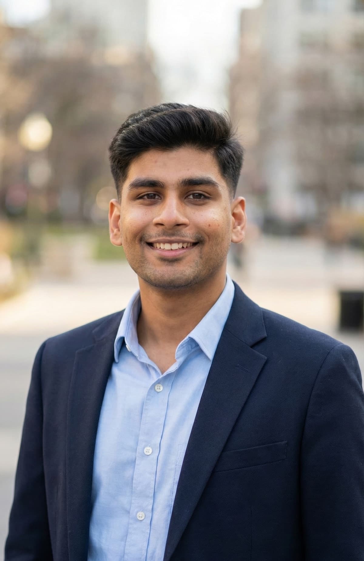 Pranav Patel, portrait in a navy blazer